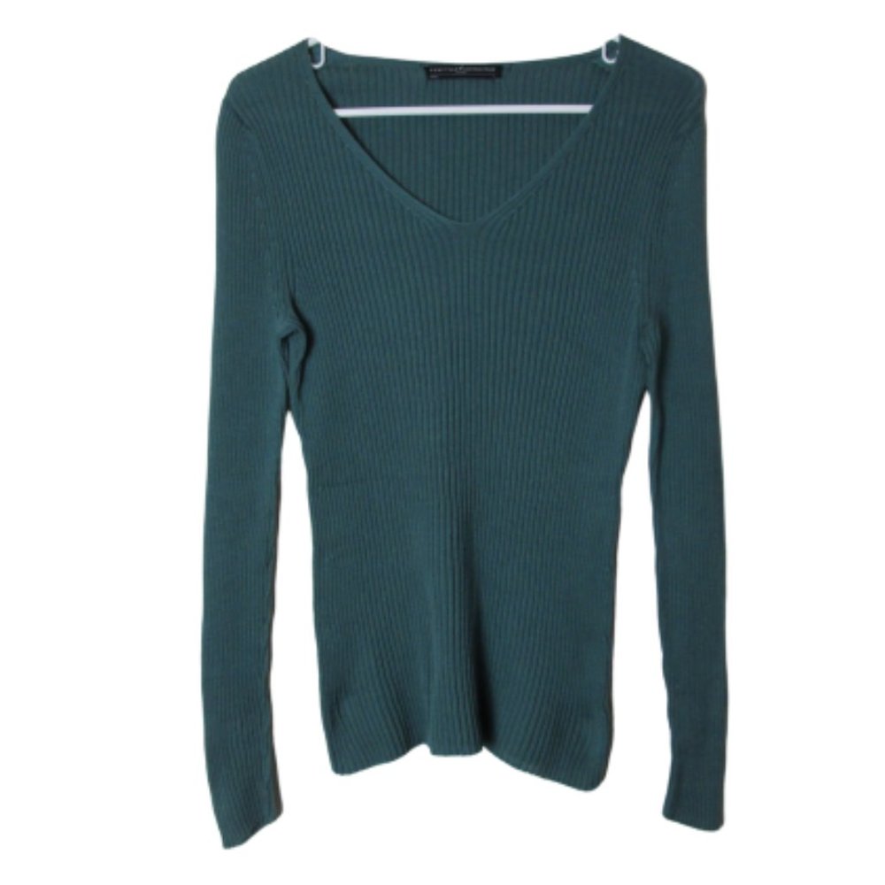 Peruvian connection green rib knit sweater v-neck